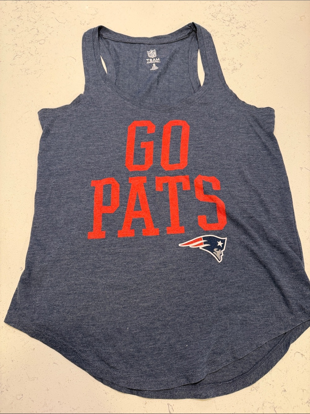 NFL Navy Tank Top with Red 'GO PATS' Lettering